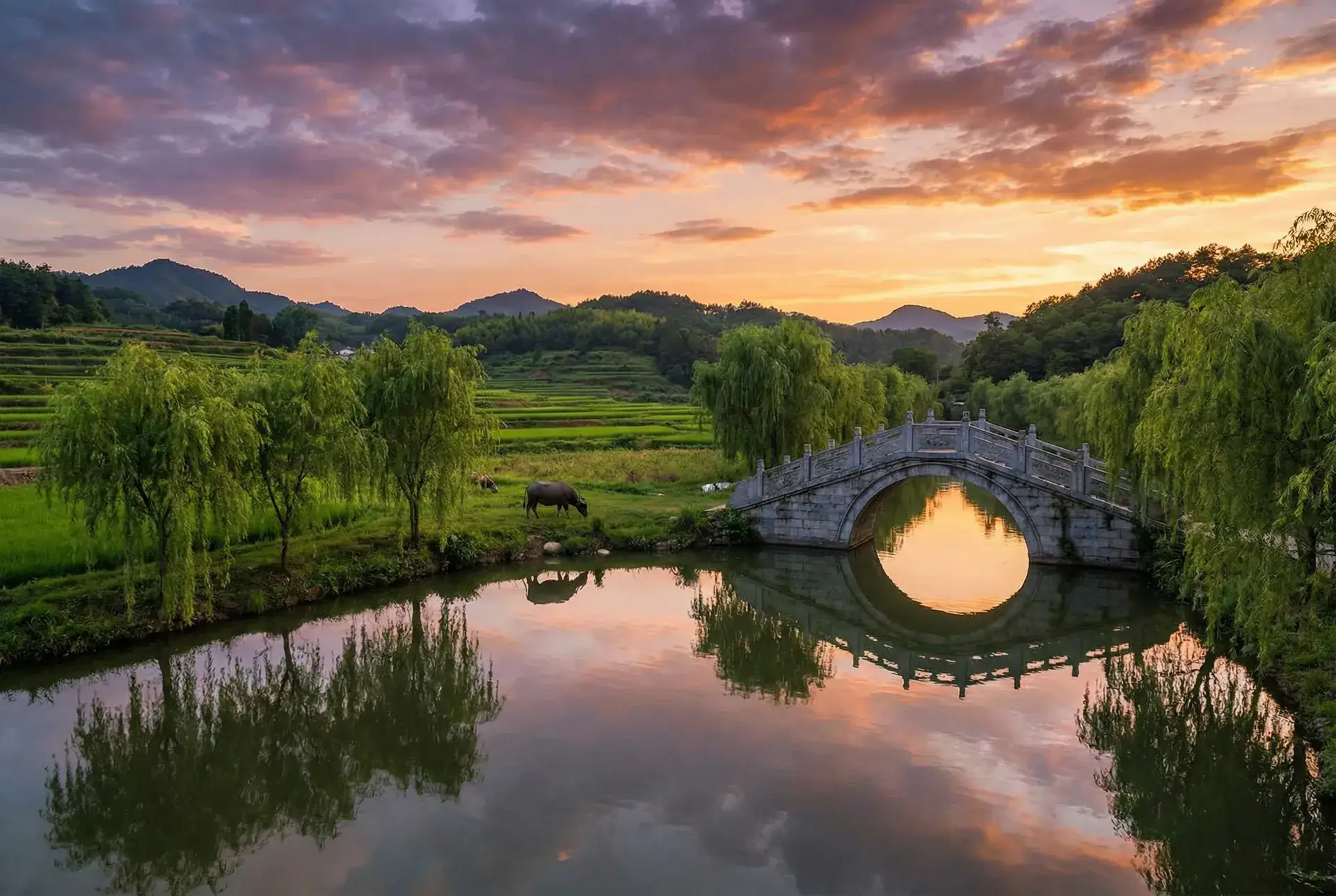 夕阳下的石拱桥与垂柳，水牛在河边吃草 - 苍井空百度影音 乡村美景